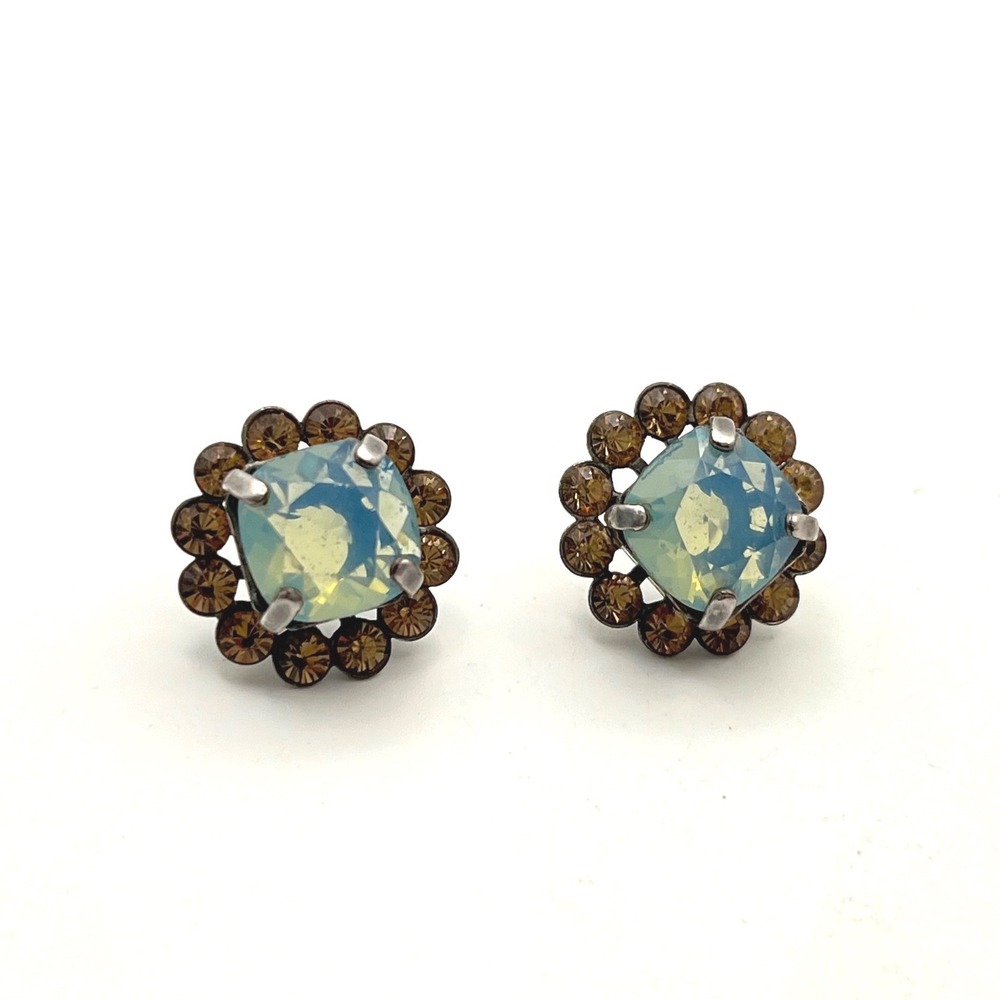 Vintage Style Blue Opaline Rhinestone Halo Stud Earrings Antiqued Silver Tone